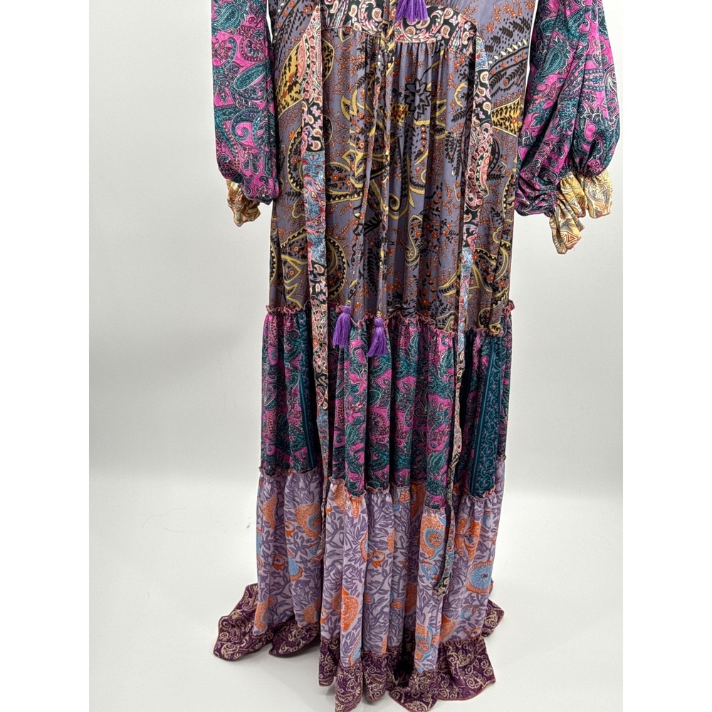 Boho Mixed Paisley Floral Tiered Maxi Dress Purple Pink Tassel Tie Waist Women - Picture 2 of 10